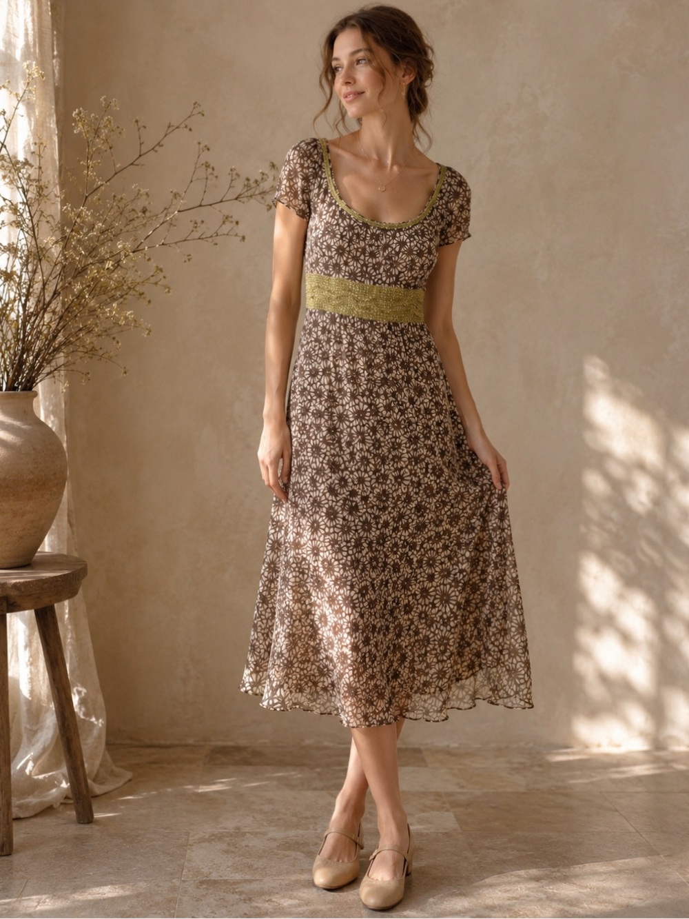 Nougat London 100% Silk Floral Midi Dress Empire Waist Brown Cream Fairycore